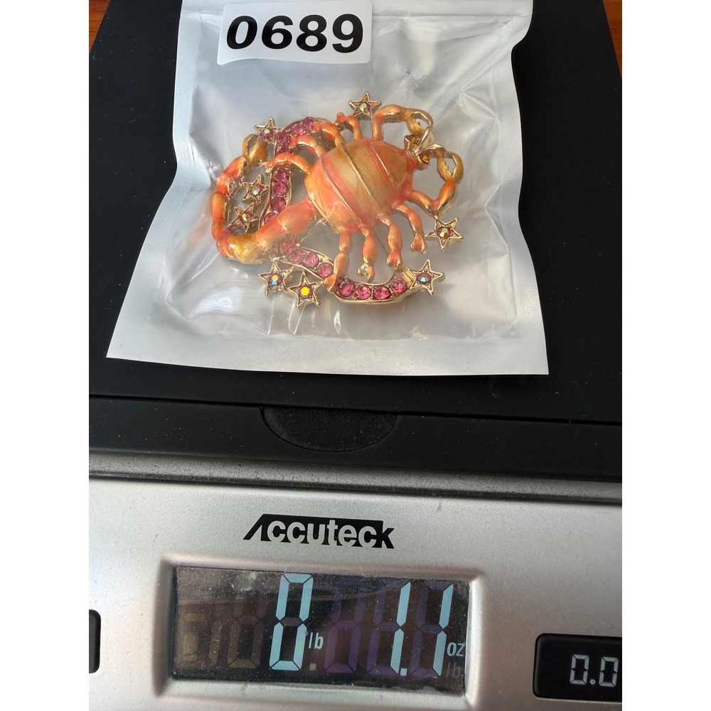 Gold Tone Orange Enamel Scorpion Brooch Pink Rhinestone Celestial Star Pin - Picture 5 of 5